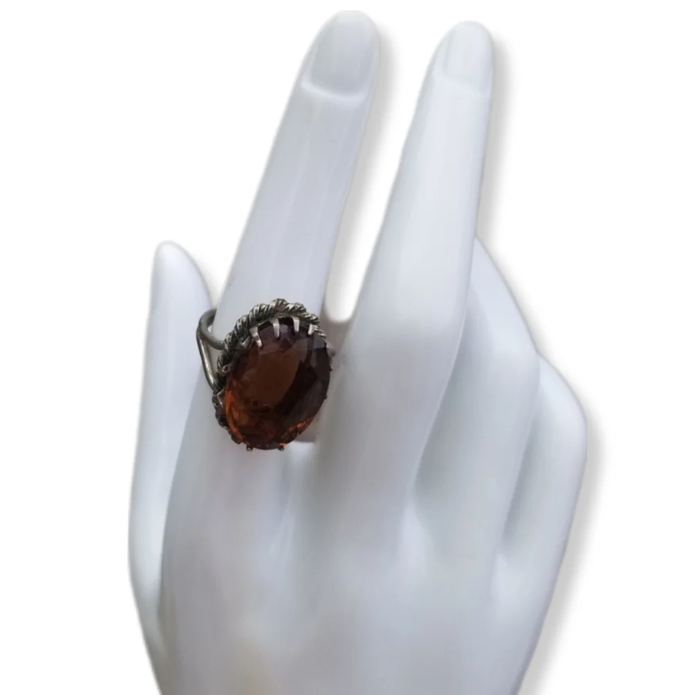 VINTAGE GERMAN ARTISAN MADE SILVERPLATED BRASS & AMBER COLOR GLASS STONE RING